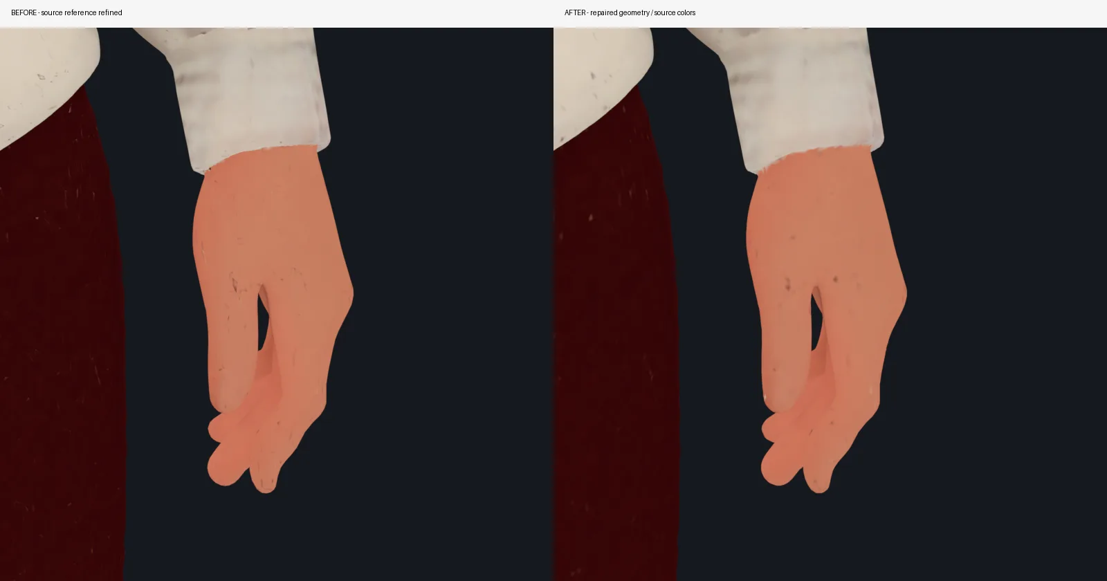 메시 보수 전후 손 비교